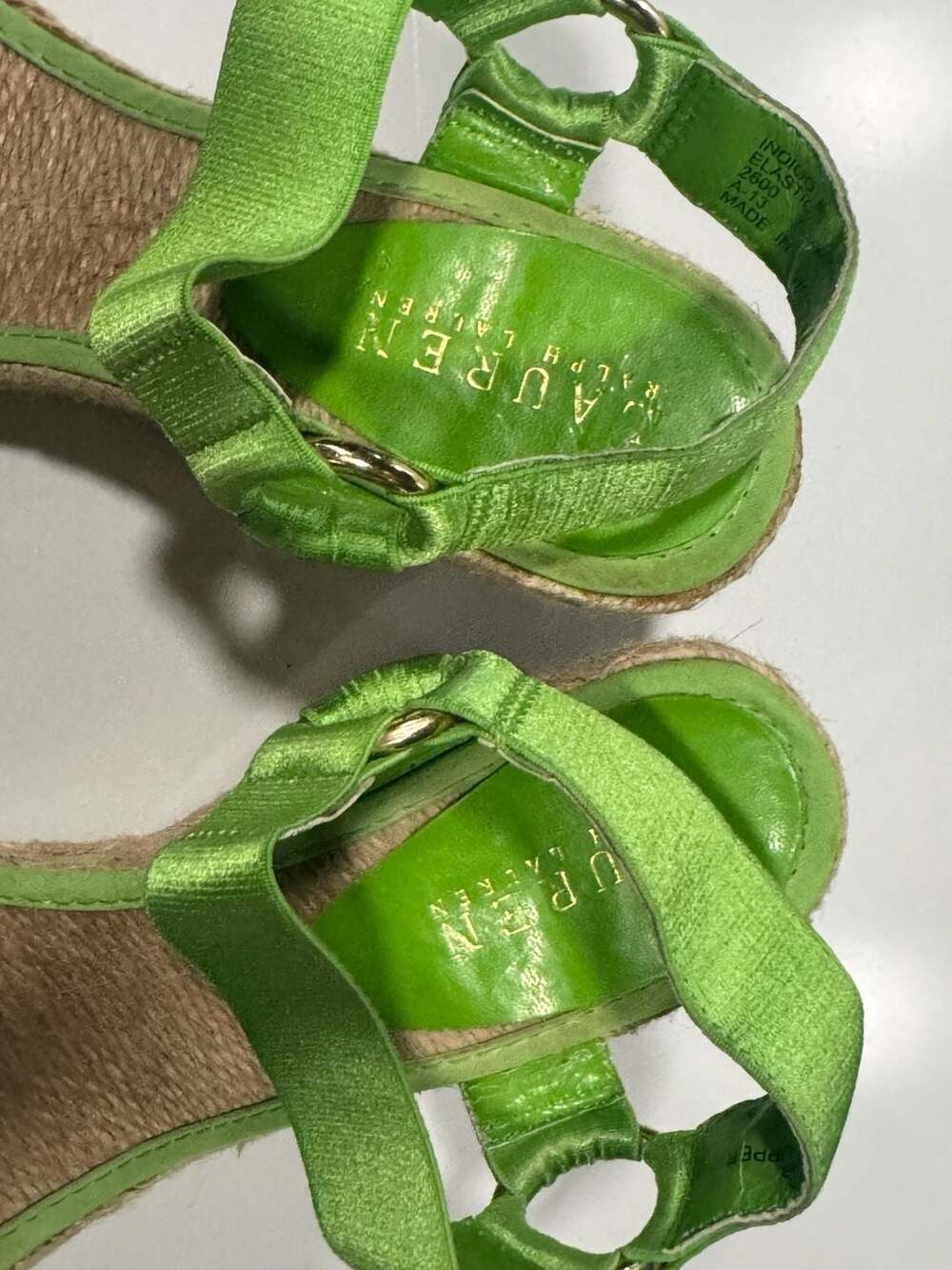 Lauren Ralph Lauren Indigo Lime Green Elastic Wedge Espadrille Sandals Size 8B - Picture 5 of 7